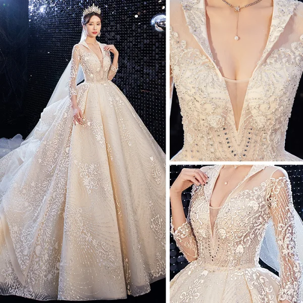 Luxe Champagne La Mariée Robe De Mariée 2020 Robe Boule Transparentes Col v profond Dos Nu Appliques En Dentelle Perlage Glitter Tulle Cathedral Train Volants 3/4 Manches