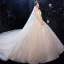 Scintillantes Champagne La Mariée Robe De Mariée 2020 Robe Boule Transparentes Col Haut 3/4 Manches Dos Nu Feuille Appliques En Dentelle Paillettes Perlage Cathedral Train Volants