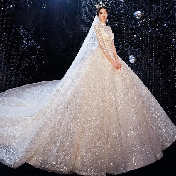 Sparkly Champagne Bridal Wedding Dresses 2020 Ball Gown See-through High Neck 3/4 Sleeve Backless Leaf Appliques Lace Sequins Beading Cathedral Train Ruffle