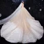 Scintillantes Champagne La Mariée Robe De Mariée 2020 Robe Boule Transparentes Col Haut 3/4 Manches Dos Nu Feuille Appliques En Dentelle Paillettes Perlage Cathedral Train Volants