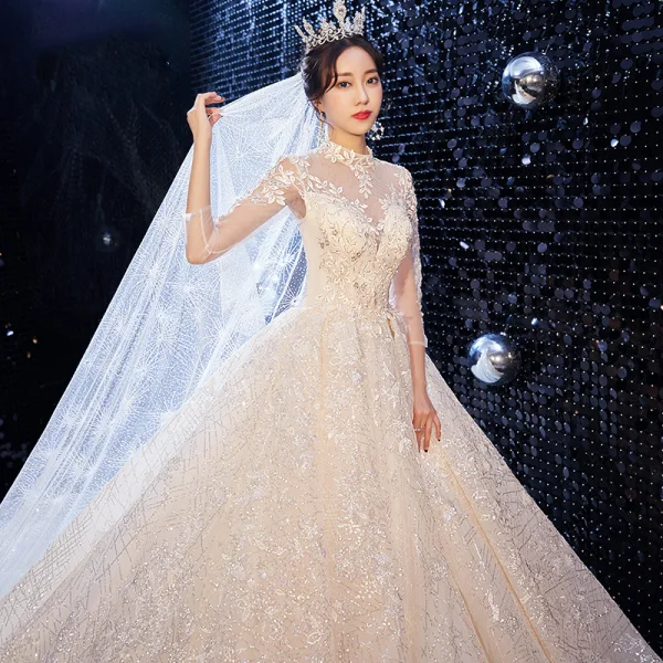 Scintillantes Champagne La Mariée Robe De Mariée 2020 Robe Boule Transparentes Col Haut 3/4 Manches Dos Nu Feuille Appliques En Dentelle Paillettes Perlage Cathedral Train Volants