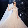 Sparkly Champagne Bridal Wedding Dresses 2020 Ball Gown See-through High Neck 3/4 Sleeve Backless Leaf Appliques Lace Sequins Beading Cathedral Train Ruffle