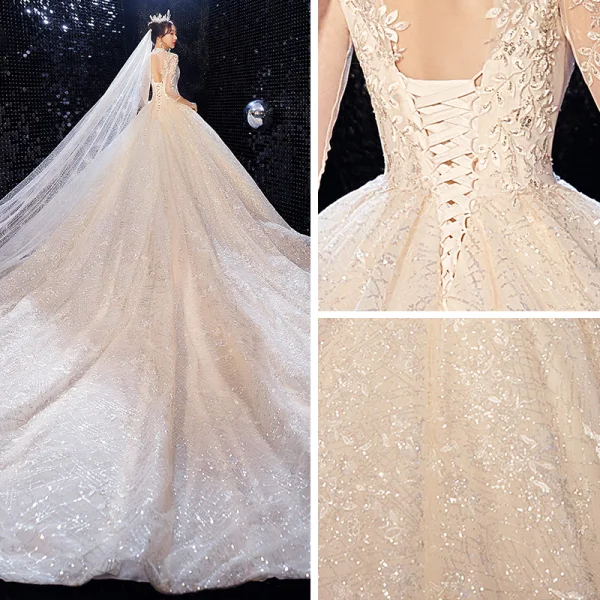 Scintillantes Champagne La Mariée Robe De Mariée 2020 Robe Boule Transparentes Col Haut 3/4 Manches Dos Nu Feuille Appliques En Dentelle Paillettes Perlage Cathedral Train Volants