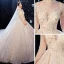 Scintillantes Champagne La Mariée Robe De Mariée 2020 Robe Boule Transparentes Col Haut 3/4 Manches Dos Nu Feuille Appliques En Dentelle Paillettes Perlage Cathedral Train Volants