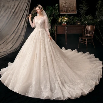 Chic Beautiful Champagne See Through Bridal Wedding Dresses 2020 Ball Gown Scoop Neck Long Sleeve Backless Appliques Flower Beading Sequins Cathedral Train Ruffle