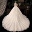 Chic / Beautiful Champagne See-through Bridal Wedding Dresses 2020 Ball Gown Scoop Neck Long Sleeve Backless Appliques Flower Beading Sequins Cathedral Train Ruffle