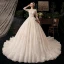 Chic / Beautiful Champagne See-through Bridal Wedding Dresses 2020 Ball Gown Scoop Neck Long Sleeve Backless Appliques Flower Beading Sequins Cathedral Train Ruffle