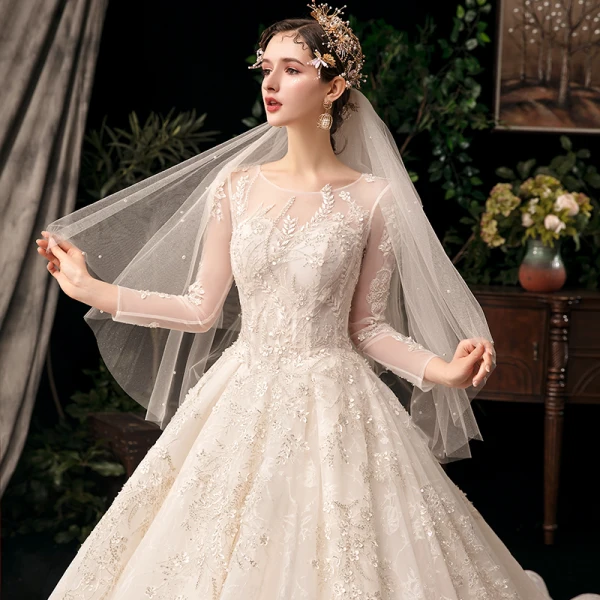 Chic / Beautiful Champagne See-through Bridal Wedding Dresses 2020 Ball Gown Scoop Neck Long Sleeve Backless Appliques Flower Beading Sequins Cathedral Train Ruffle