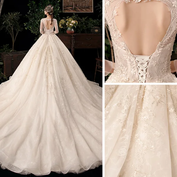 Chic / Beautiful Champagne See-through Bridal Wedding Dresses 2020 Ball Gown Scoop Neck Long Sleeve Backless Appliques Flower Beading Sequins Cathedral Train Ruffle