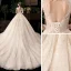 Chic / Beautiful Champagne See-through Bridal Wedding Dresses 2020 Ball Gown Scoop Neck Long Sleeve Backless Appliques Flower Beading Sequins Cathedral Train Ruffle