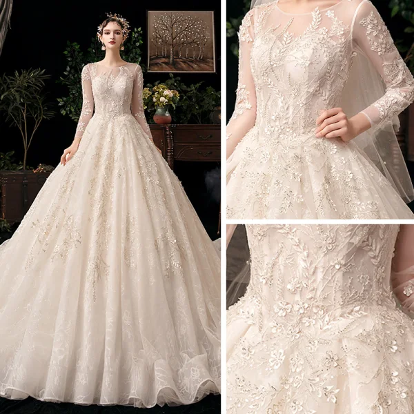Chic / Beautiful Champagne See-through Bridal Wedding Dresses 2020 Ball Gown Scoop Neck Long Sleeve Backless Appliques Flower Beading Sequins Cathedral Train Ruffle