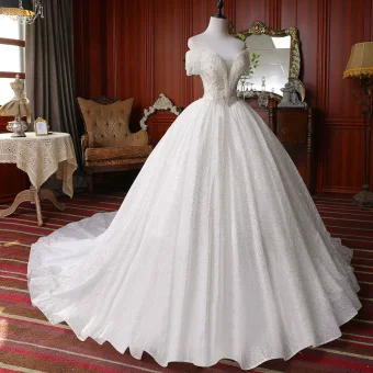 Best White Bridal Wedding Dresses 2020 Ball Gown Off The Shoulder Short Sleeve Backless Beading Tassel Glitter Tulle Chapel Train Ruffle