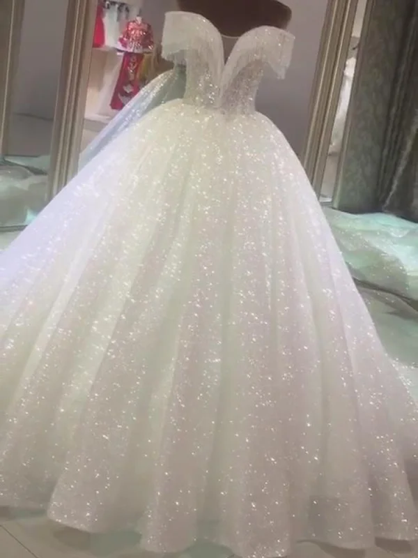 Best White Bridal Wedding Dresses 2020 Ball Gown Off-The-Shoulder Short Sleeve Backless Beading Tassel Glitter Tulle Chapel Train Ruffle