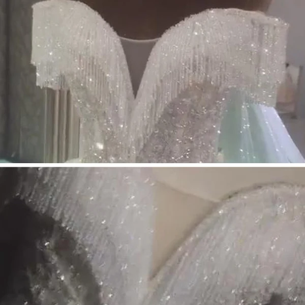 Best White Bridal Wedding Dresses 2020 Ball Gown Off-The-Shoulder Short Sleeve Backless Beading Tassel Glitter Tulle Chapel Train Ruffle