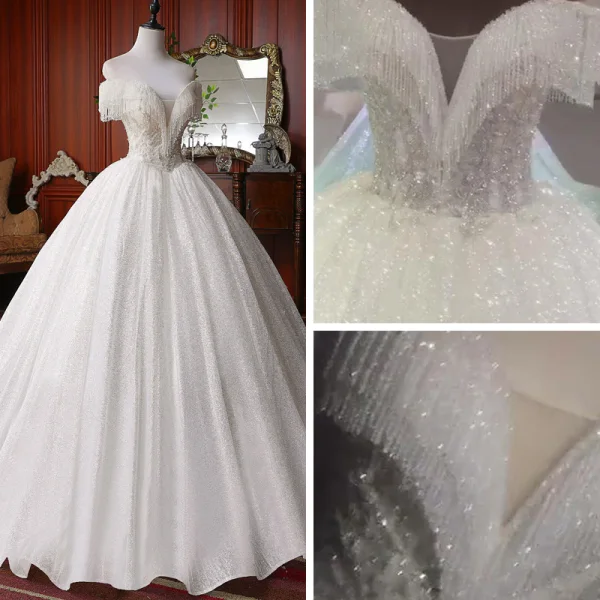 Best White Bridal Wedding Dresses 2020 Ball Gown Off-The-Shoulder Short Sleeve Backless Beading Tassel Glitter Tulle Chapel Train Ruffle