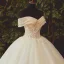 High-end Champagne Bridal Wedding Dresses 2020 Ball Gown Off-The-Shoulder Short Sleeve Backless Appliques Flower Beading Sequins Glitter Tulle Floor-Length / Long Ruffle