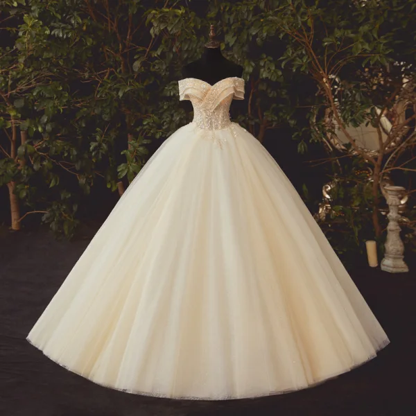 High-end Champagne Bridal Wedding Dresses 2020 Ball Gown Off-The-Shoulder Short Sleeve Backless Appliques Flower Beading Sequins Glitter Tulle Floor-Length / Long Ruffle
