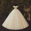 High-end Champagne Bridal Wedding Dresses 2020 Ball Gown Off-The-Shoulder Short Sleeve Backless Appliques Flower Beading Sequins Glitter Tulle Floor-Length / Long Ruffle