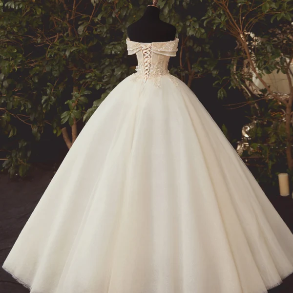 High-end Champagne Bridal Wedding Dresses 2020 Ball Gown Off-The-Shoulder Short Sleeve Backless Appliques Flower Beading Sequins Glitter Tulle Floor-Length / Long Ruffle