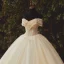 High-end Champagne Bridal Wedding Dresses 2020 Ball Gown Off-The-Shoulder Short Sleeve Backless Appliques Flower Beading Sequins Glitter Tulle Floor-Length / Long Ruffle