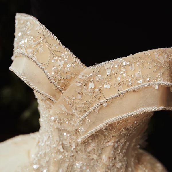 High-end Champagne Bridal Wedding Dresses 2020 Ball Gown Off-The-Shoulder Short Sleeve Backless Appliques Flower Beading Sequins Glitter Tulle Floor-Length / Long Ruffle