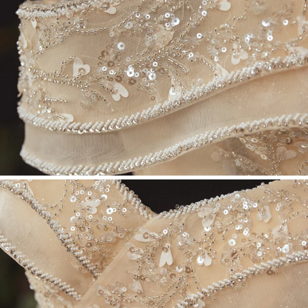 High-end Champagne Bridal Wedding Dresses 2020 Ball Gown Off-The-Shoulder Short Sleeve Backless Appliques Flower Beading Sequins Glitter Tulle Floor-Length / Long Ruffle