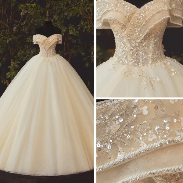 High-end Champagne Bridal Wedding Dresses 2020 Ball Gown Off-The-Shoulder Short Sleeve Backless Appliques Flower Beading Sequins Glitter Tulle Floor-Length / Long Ruffle