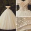 High-end Champagne Bridal Wedding Dresses 2020 Ball Gown Off-The-Shoulder Short Sleeve Backless Appliques Flower Beading Sequins Glitter Tulle Floor-Length / Long Ruffle