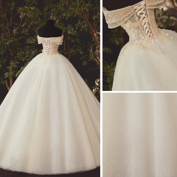High-end Champagne Bridal Wedding Dresses 2020 Ball Gown Off-The-Shoulder Short Sleeve Backless Appliques Flower Beading Sequins Glitter Tulle Floor-Length / Long Ruffle