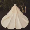 Luxury / Gorgeous Champagne Bridal Wedding Dresses 2020 Ball Gown Off-The-Shoulder Short Sleeve Backless Beading Tassel Appliques Flower Glitter Tulle Cathedral Train Ruffle