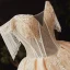 Luxury / Gorgeous Champagne Bridal Wedding Dresses 2020 Ball Gown Off-The-Shoulder Short Sleeve Backless Beading Tassel Appliques Flower Glitter Tulle Cathedral Train Ruffle