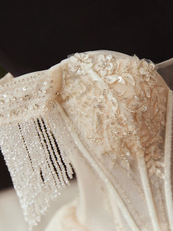 Luxury / Gorgeous Champagne Bridal Wedding Dresses 2020 Ball Gown Off-The-Shoulder Short Sleeve Backless Beading Tassel Appliques Flower Glitter Tulle Cathedral Train Ruffle