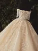 Luxury / Gorgeous Champagne Bridal Wedding Dresses 2020 Ball Gown Off-The-Shoulder Short Sleeve Backless Beading Tassel Appliques Flower Glitter Tulle Cathedral Train Ruffle