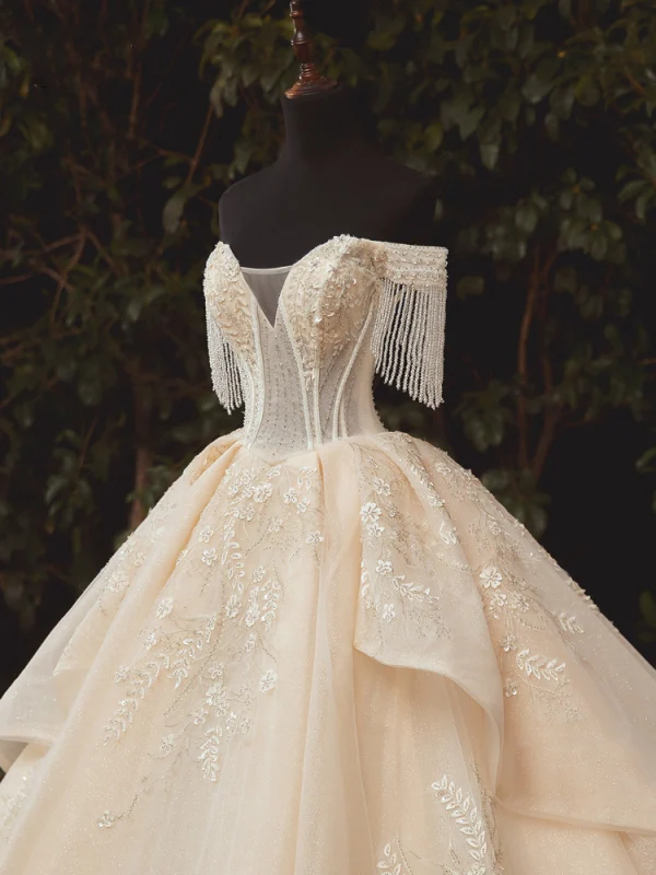 Luxury / Gorgeous Champagne Bridal Wedding Dresses 2020 Ball Gown Off-The-Shoulder Short Sleeve Backless Beading Tassel Appliques Flower Glitter Tulle Cathedral Train Ruffle