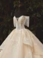 Luxury / Gorgeous Champagne Bridal Wedding Dresses 2020 Ball Gown Off-The-Shoulder Short Sleeve Backless Beading Tassel Appliques Flower Glitter Tulle Cathedral Train Ruffle