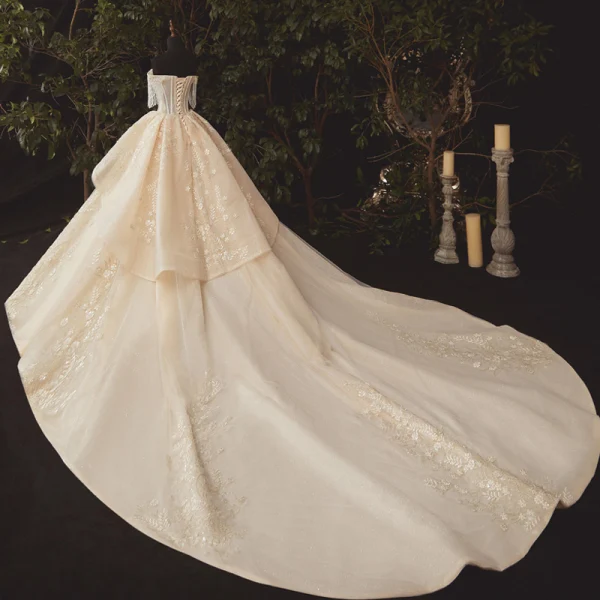 Luxury / Gorgeous Champagne Bridal Wedding Dresses 2020 Ball Gown Off-The-Shoulder Short Sleeve Backless Beading Tassel Appliques Flower Glitter Tulle Cathedral Train Ruffle