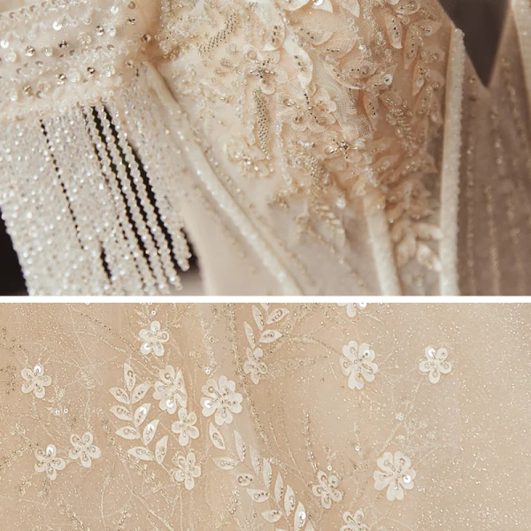 Luxury / Gorgeous Champagne Bridal Wedding Dresses 2020 Ball Gown Off-The-Shoulder Short Sleeve Backless Beading Tassel Appliques Flower Glitter Tulle Cathedral Train Ruffle