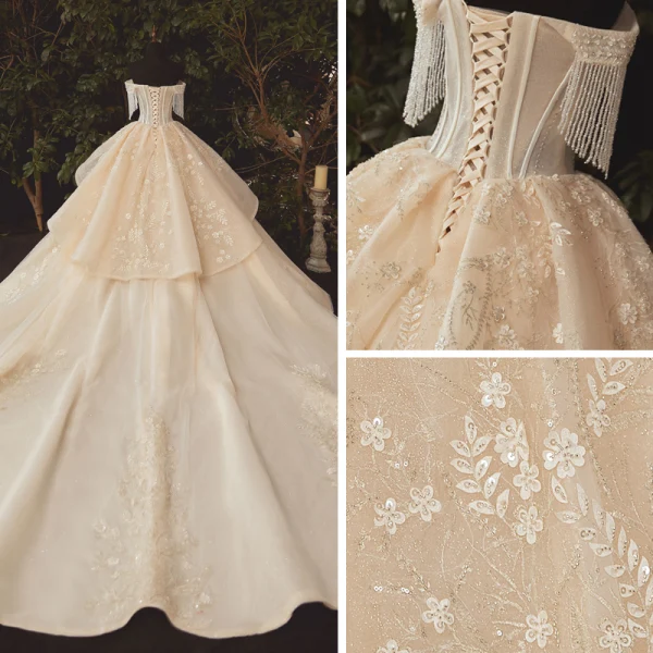Luxury / Gorgeous Champagne Bridal Wedding Dresses 2020 Ball Gown Off-The-Shoulder Short Sleeve Backless Beading Tassel Appliques Flower Glitter Tulle Cathedral Train Ruffle
