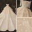 Luxury / Gorgeous Champagne Bridal Wedding Dresses 2020 Ball Gown Off-The-Shoulder Short Sleeve Backless Beading Tassel Appliques Flower Glitter Tulle Cathedral Train Ruffle