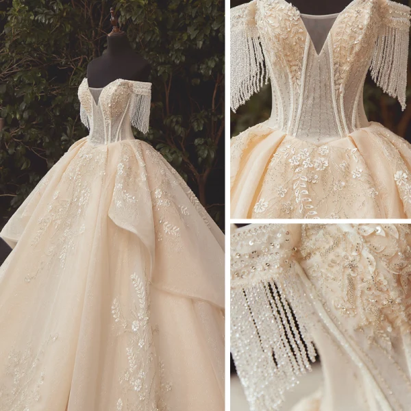 Luxury / Gorgeous Champagne Bridal Wedding Dresses 2020 Ball Gown Off-The-Shoulder Short Sleeve Backless Beading Tassel Appliques Flower Glitter Tulle Cathedral Train Ruffle