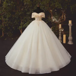 High End Champagne Bridal Wedding Dresses 2020 Ball Gown Off The Shoulder Short Sleeve Backless Appliques Lace Beading Glitter Tulle Chapel Train Ruffle