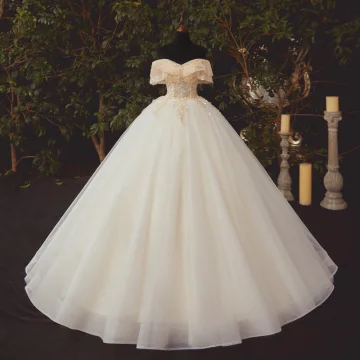 High End Champagne Brud Bröllopsklänningar 2020 Balklänning Av Axeln Korta Ärm Halterneck Appliqués Spets Beading Glittriga Glitter Tyll Chapel Train Ruffle