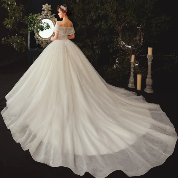 High-end Champagne Bridal Wedding Dresses 2020 Ball Gown Off-The-Shoulder Short Sleeve Backless Appliques Lace Beading Glitter Tulle Chapel Train Ruffle