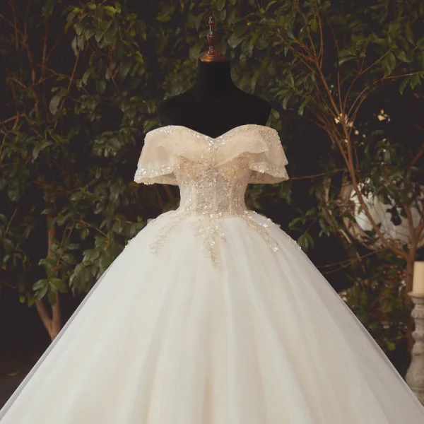 High-end Champagne Bridal Wedding Dresses 2020 Ball Gown Off-The-Shoulder Short Sleeve Backless Appliques Lace Beading Glitter Tulle Chapel Train Ruffle