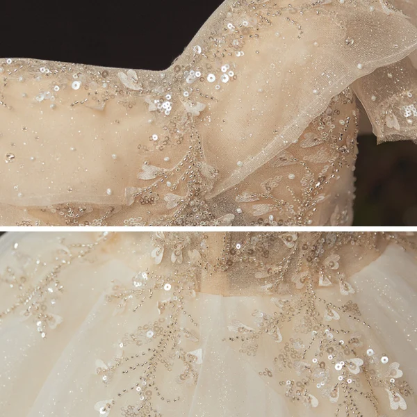 High-end Champagne Bridal Wedding Dresses 2020 Ball Gown Off-The-Shoulder Short Sleeve Backless Appliques Lace Beading Glitter Tulle Chapel Train Ruffle