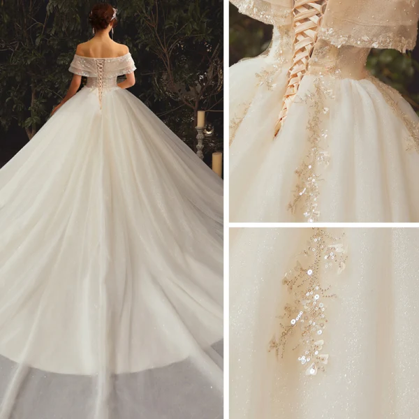 High-end Champagne Bridal Wedding Dresses 2020 Ball Gown Off-The-Shoulder Short Sleeve Backless Appliques Lace Beading Glitter Tulle Chapel Train Ruffle