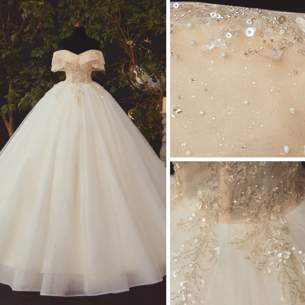 High-end Champagne Bridal Wedding Dresses 2020 Ball Gown Off-The-Shoulder Short Sleeve Backless Appliques Lace Beading Glitter Tulle Chapel Train Ruffle