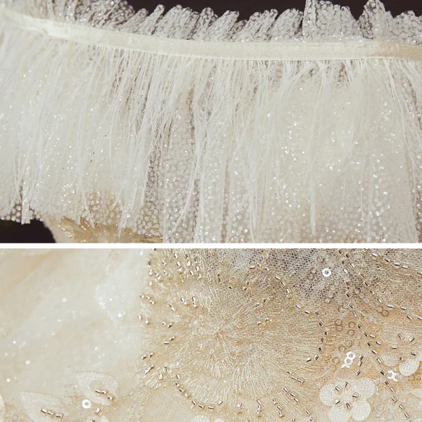 High End Champagner Hochzeits Brautkleider / Hochzeitskleider 2020 Ballkleid Off Shoulder Kurze Ärmel Rückenfreies Feder Applikationen Blumen Perlenstickerei Glanz Tülle Kathedrale Schleppe