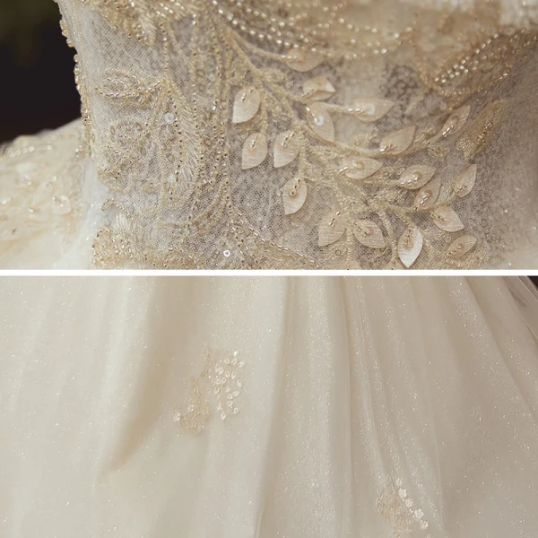 High End Champagner Hochzeits Brautkleider / Hochzeitskleider 2020 Ballkleid Off Shoulder Kurze Ärmel Rückenfreies Feder Applikationen Blumen Perlenstickerei Glanz Tülle Kathedrale Schleppe