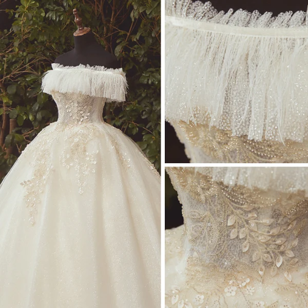 High End Champagner Hochzeits Brautkleider / Hochzeitskleider 2020 Ballkleid Off Shoulder Kurze Ärmel Rückenfreies Feder Applikationen Blumen Perlenstickerei Glanz Tülle Kathedrale Schleppe